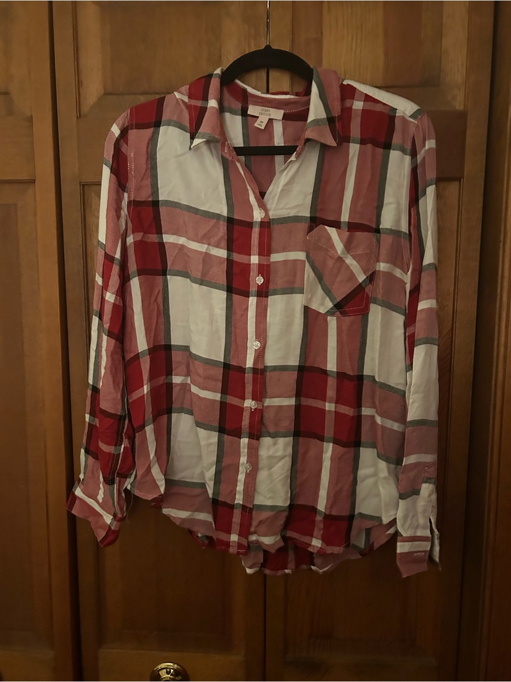 Vince Camuto Women’s Sz M Red White Green Plaid Button Down Blouse Top